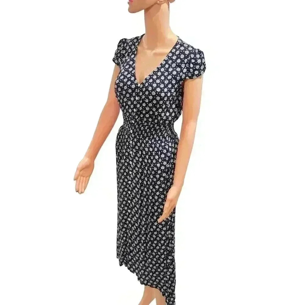 Navy Floral Midi Dress with Cap Sleeves - Picture 2 of 7